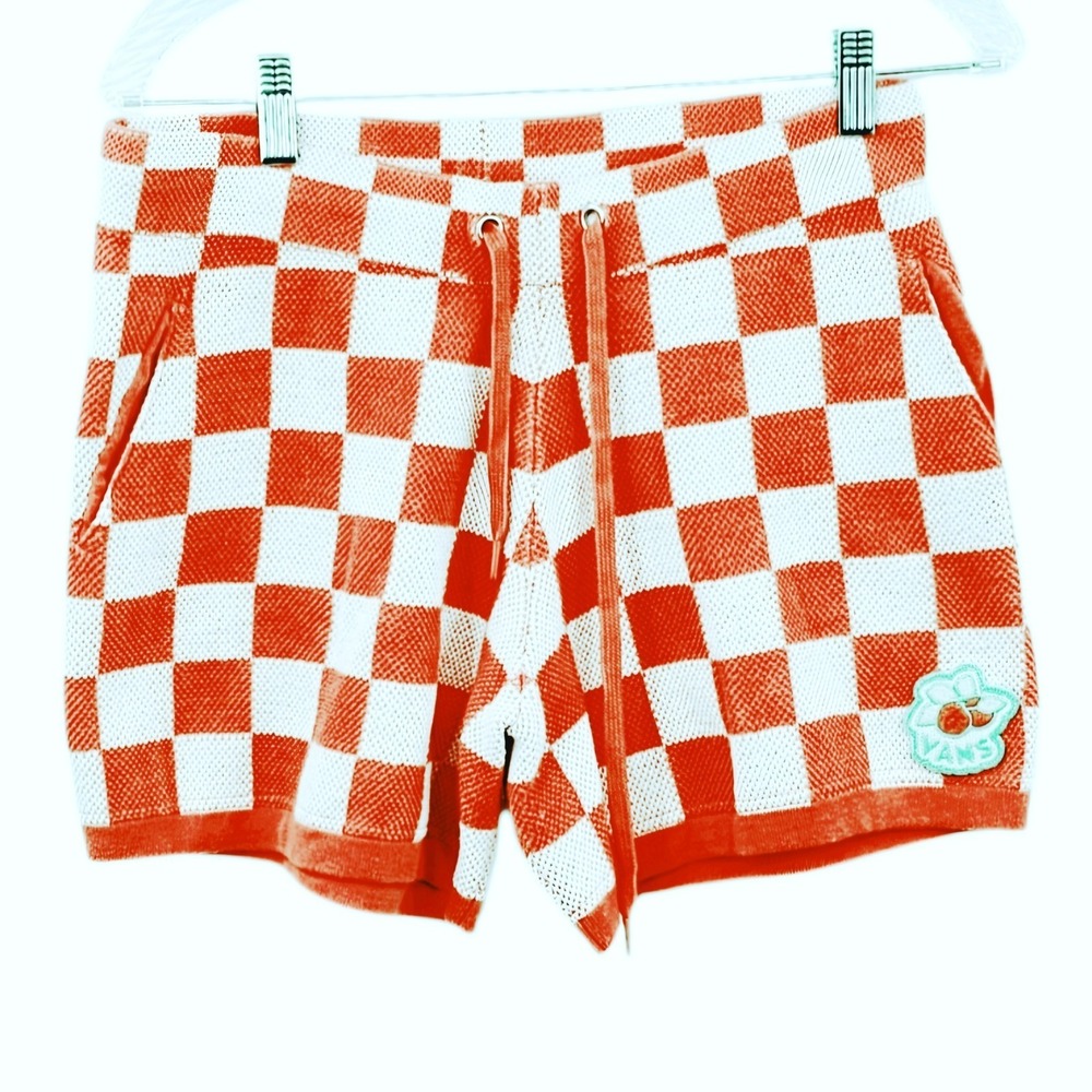Vans Women's Checkered Knit Shorts Orange White Drawstring Size M 100% Cotton
